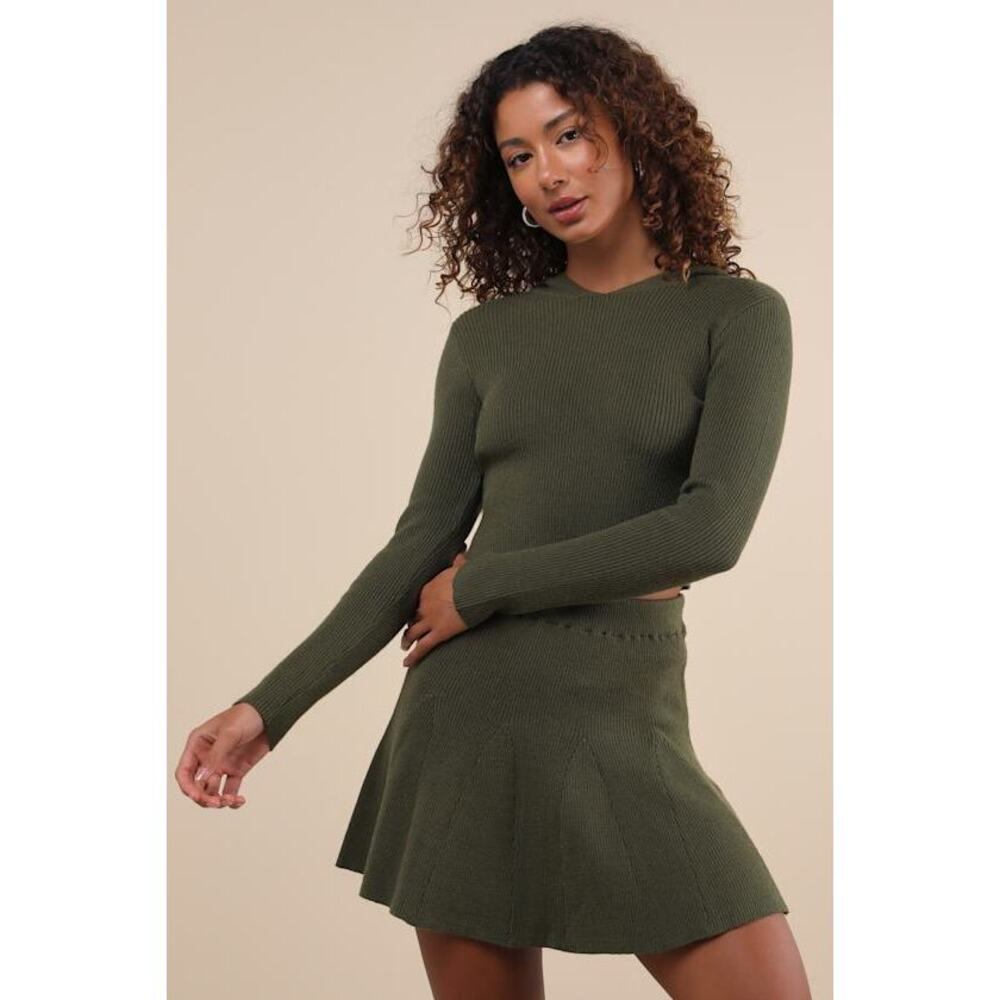 Lulus Delightful Duo Olive Ribbed Hooded Two-piece Sweater Mini Dress Green